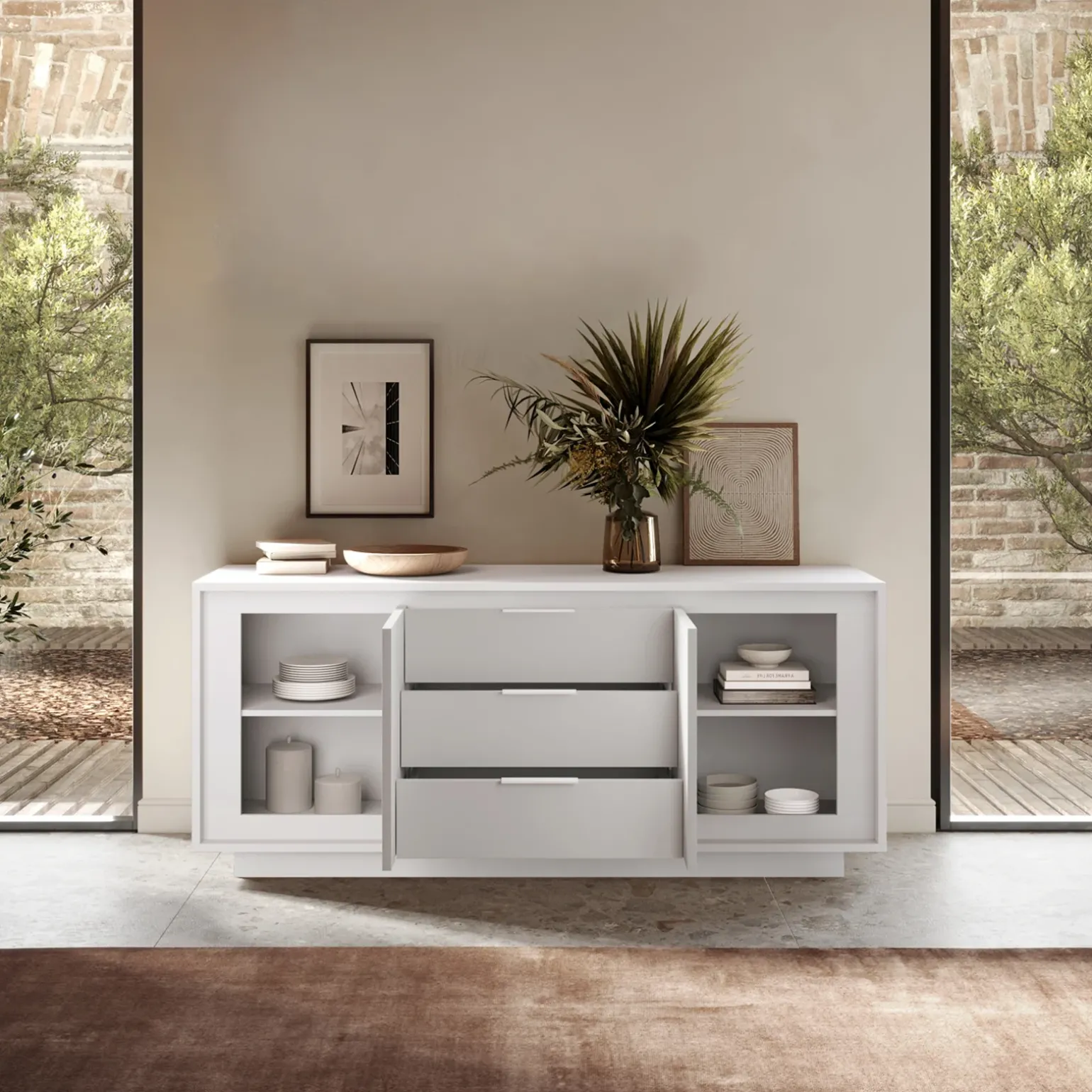 Madia 180x80h cm 3 cassetti 2 ante moderna bianco opaco Deluxe