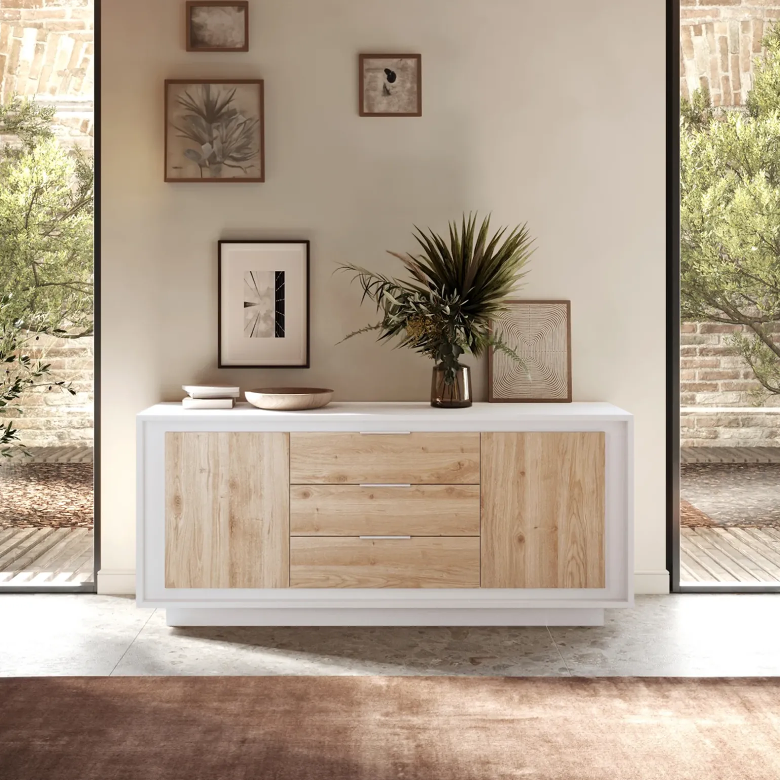 Madia 180x80h cm 3 cassetti 2 ante moderna bianco opaco rovere chiaro Deluxe