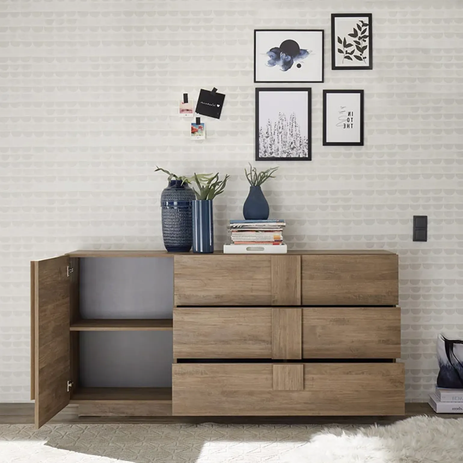 Madia 182x90h cm moderna 1 anta 3 cassetti rovere Alvarez