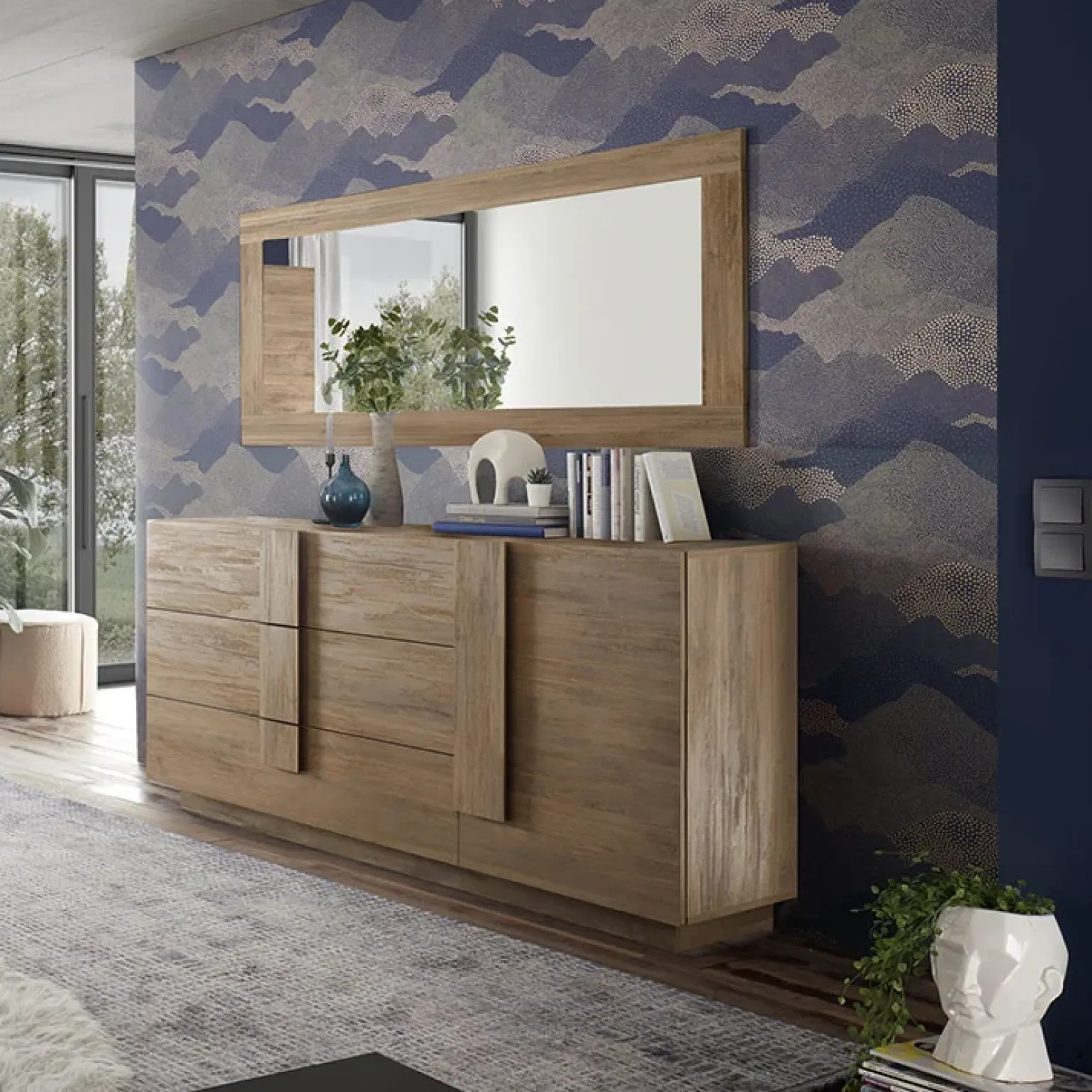 Madia 182x90h cm moderna 1 anta 3 cassetti rovere Alvarez