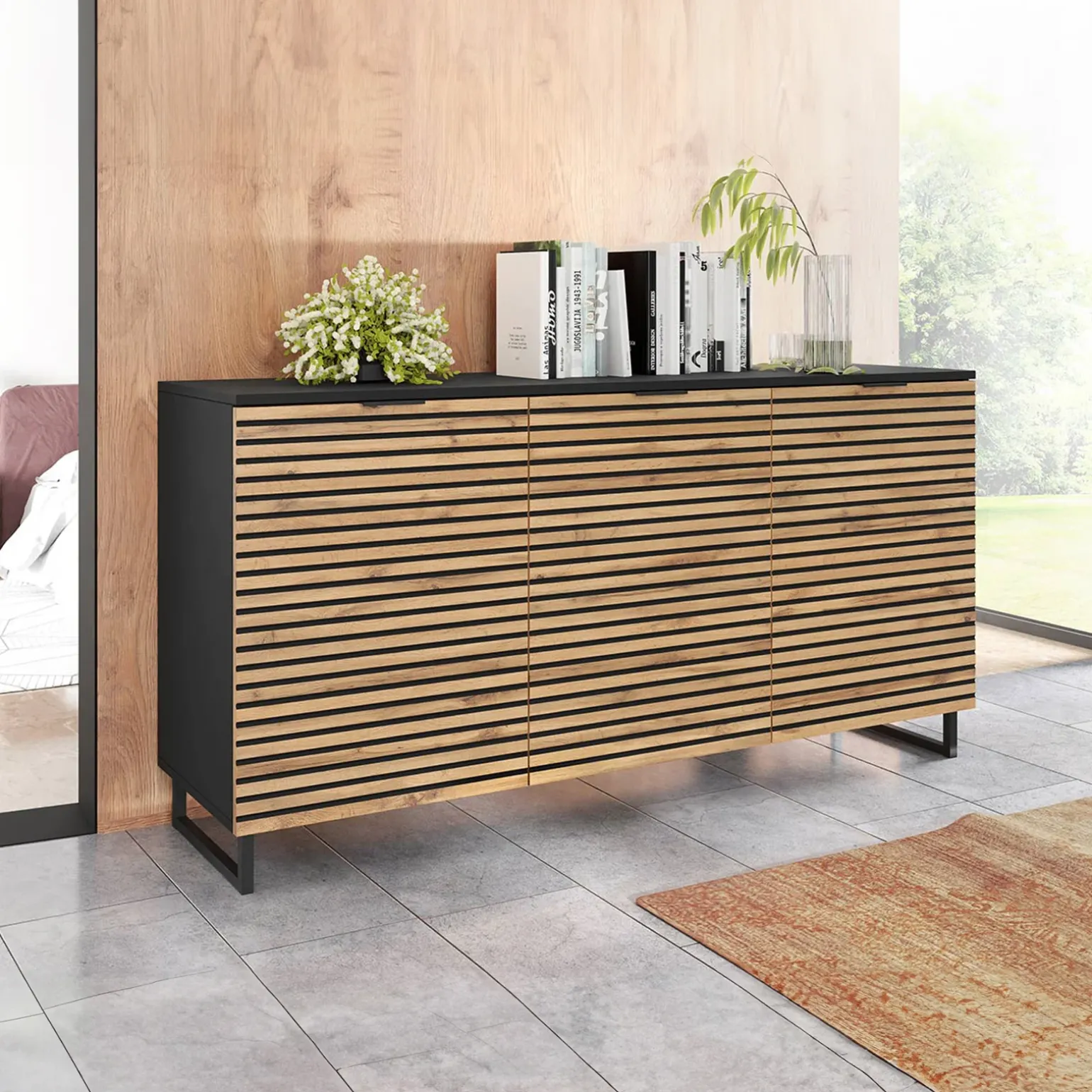 Madia 150x76h cm rustica design cannettato rovere nero List