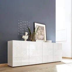 Madia 241x84h cm soggiorno bianco lucido con serigrafia Paradise