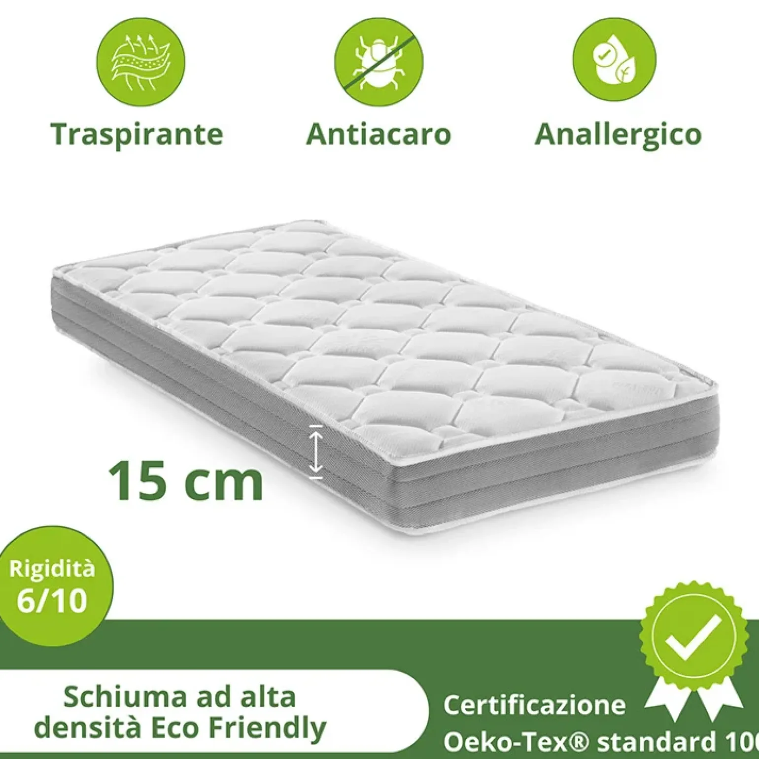 Materasso singolo 90x200cm anallergico antiacaro H. 15cm Smart Sleep