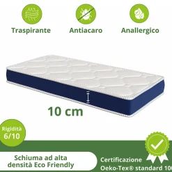 Materasso singolo 80x200cm schiumato antiacaro H. 10cm Top Dream