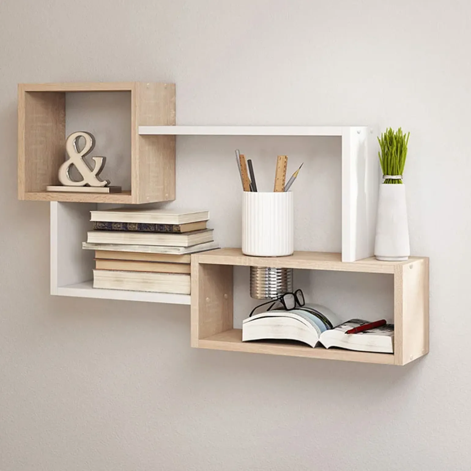 Mensola 87x54h cm pensile a muro design moderno bianco rovere Shila