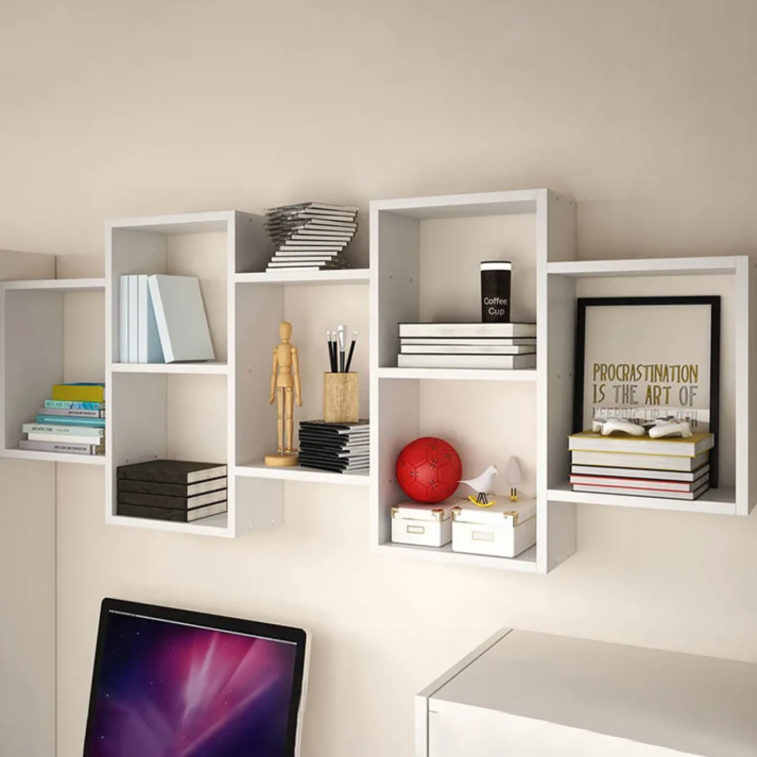 Mensola 161x65h cm pensile da parete design moderno bianco Emanuela