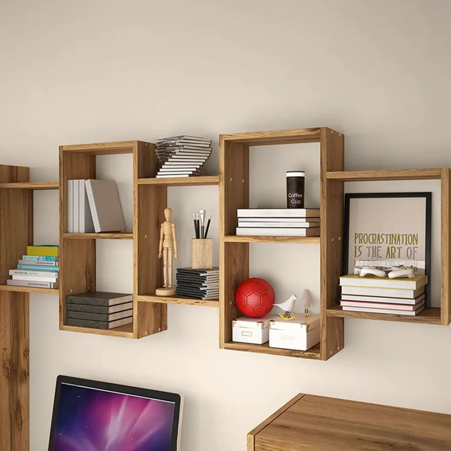 Mensola 161x65h cm pensile da parete design moderno quercia Emanuela