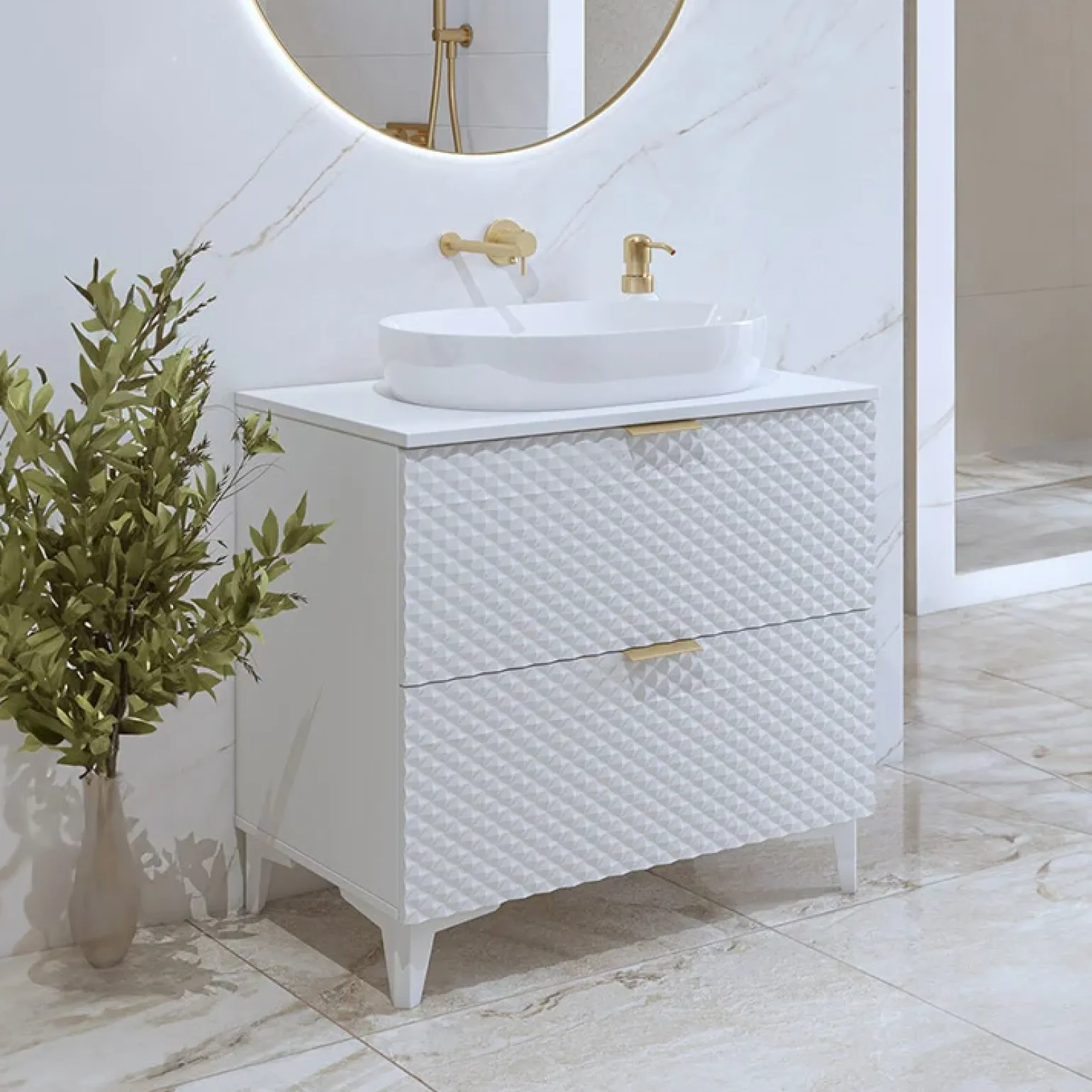 Mobile bagno a terra 81cm 2 cassetti bianco frontali decorati Konny