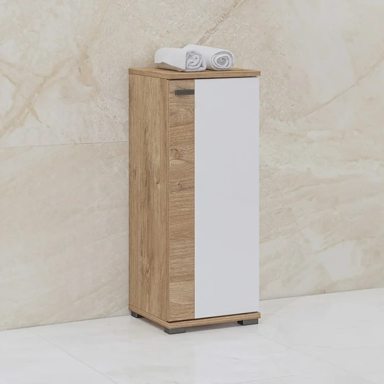Mobile bagno a terra 61cm con specchio e colonne bianco lucido rovere Crystal