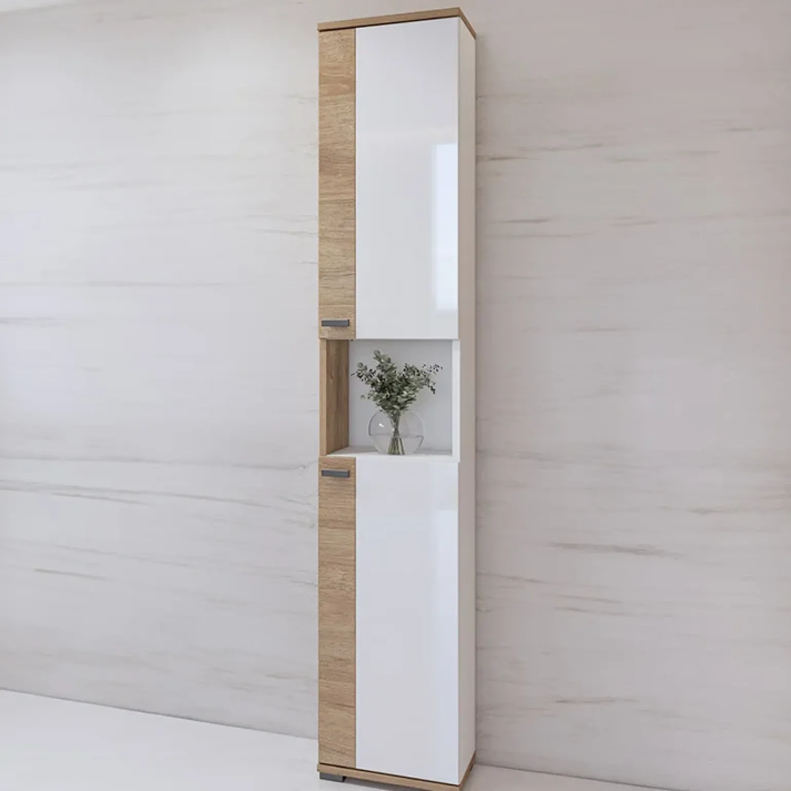 Mobile bagno a terra 61cm con specchio e colonne bianco lucido rovere Crystal