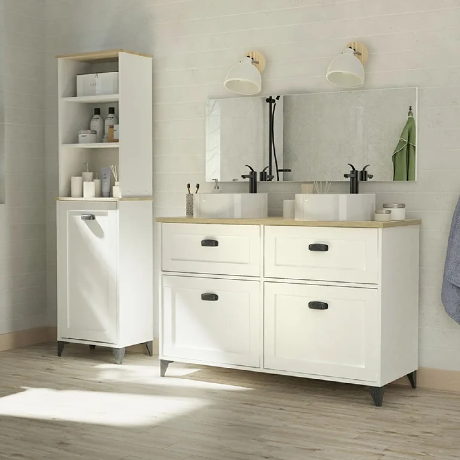 Mobile bagno a terra 120cm con doppio lavabo e colonna shabby bianco rovere Ilias