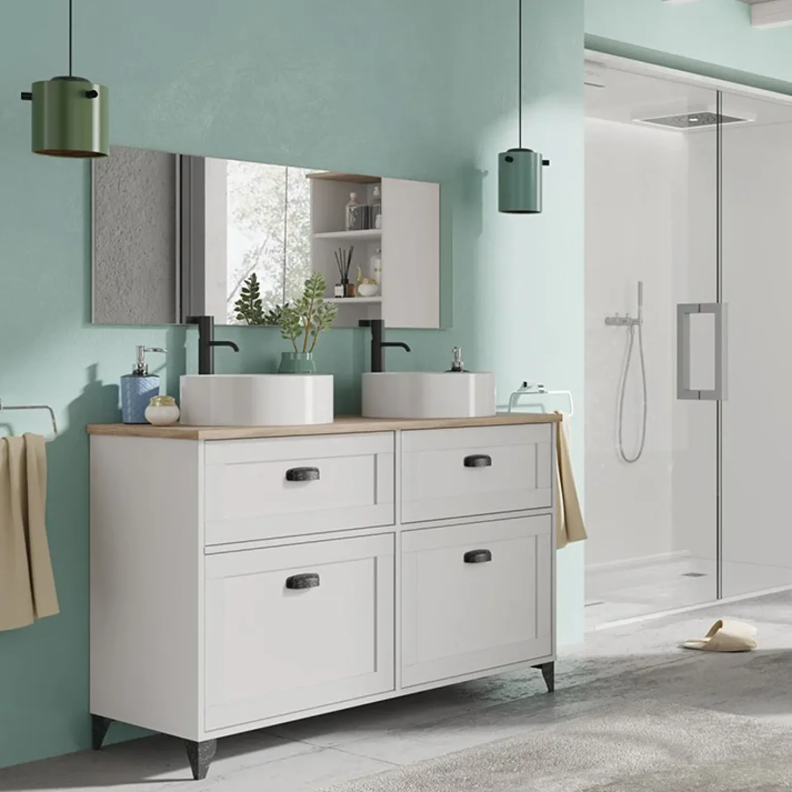 Mobile bagno a terra 120cm con doppio lavabo e colonna shabby bianco rovere Ilias