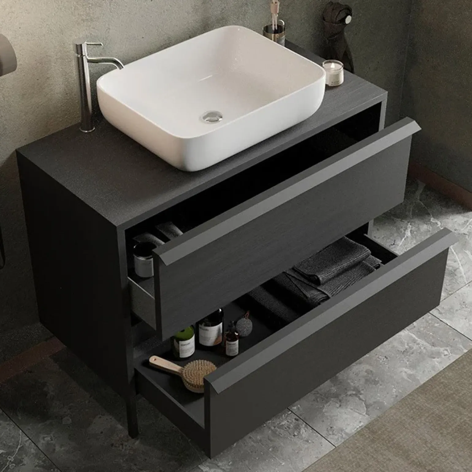 Mobile bagno a terra 105cm con lavabo 2 cassetti nero frassinato Absolut