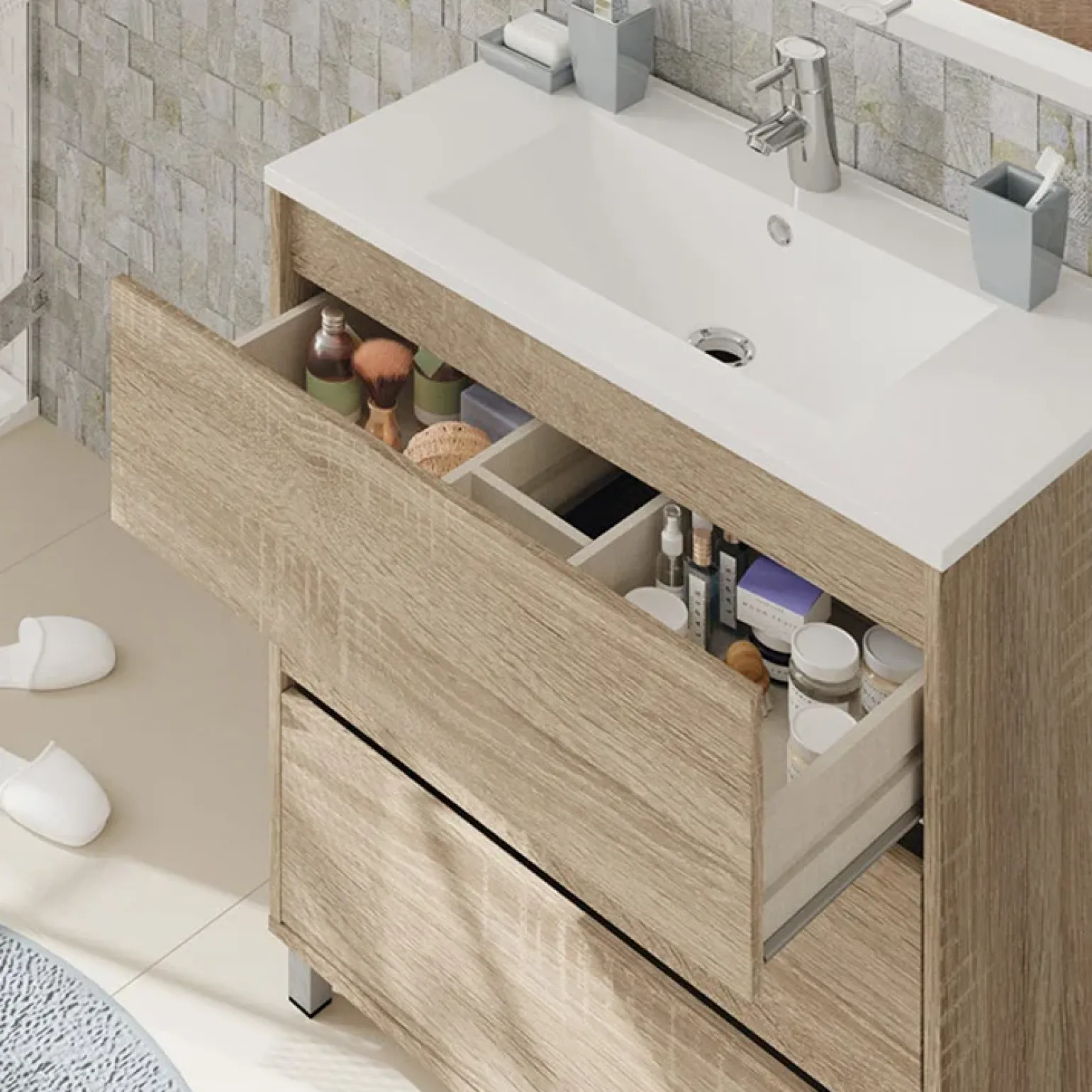 Mobile bagno a terra 82cm con lavabo e specchio 3 cassetti rovere Shutter