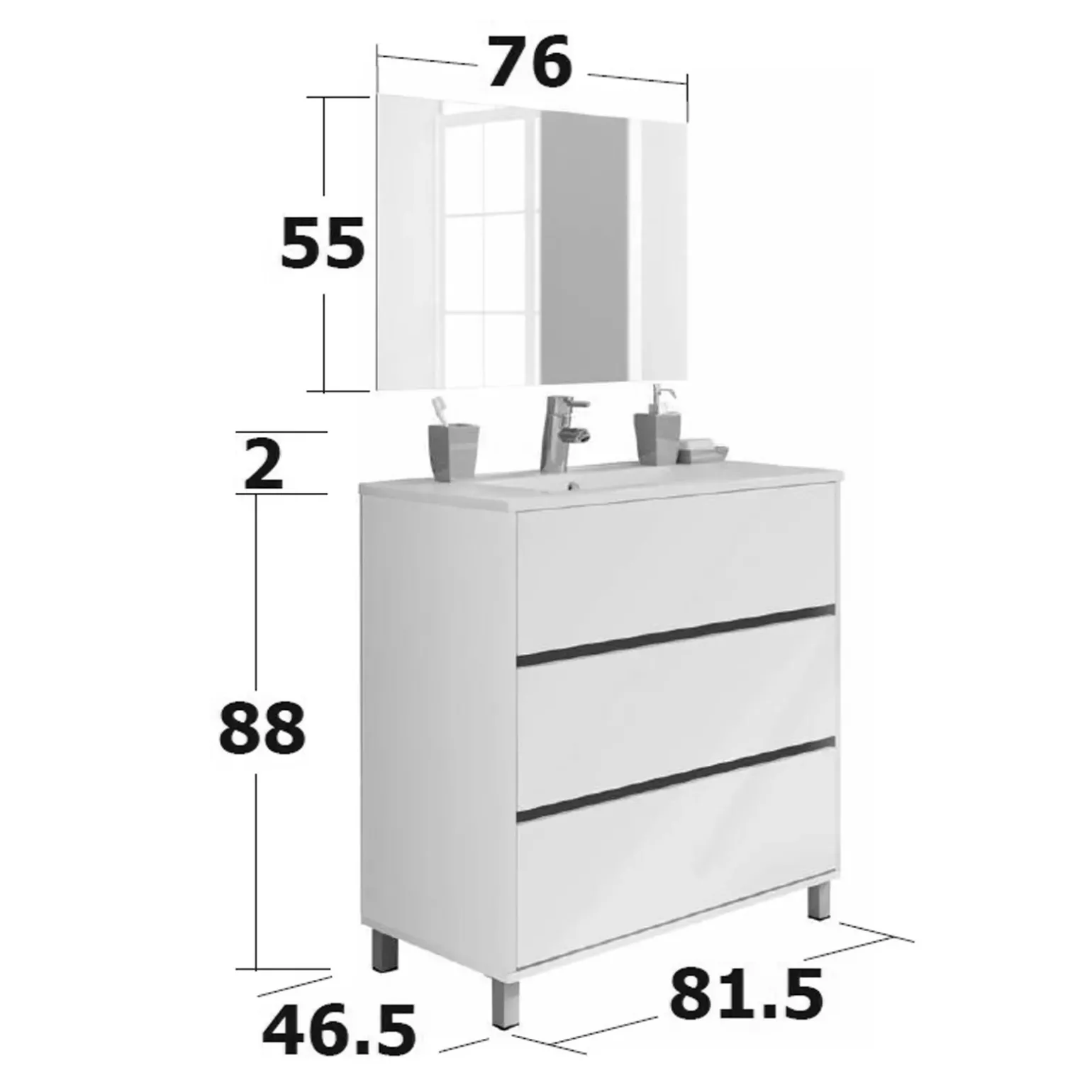 Mobile bagno a terra 82cm con lavabo e specchio 3 cassetti rovere Shutter