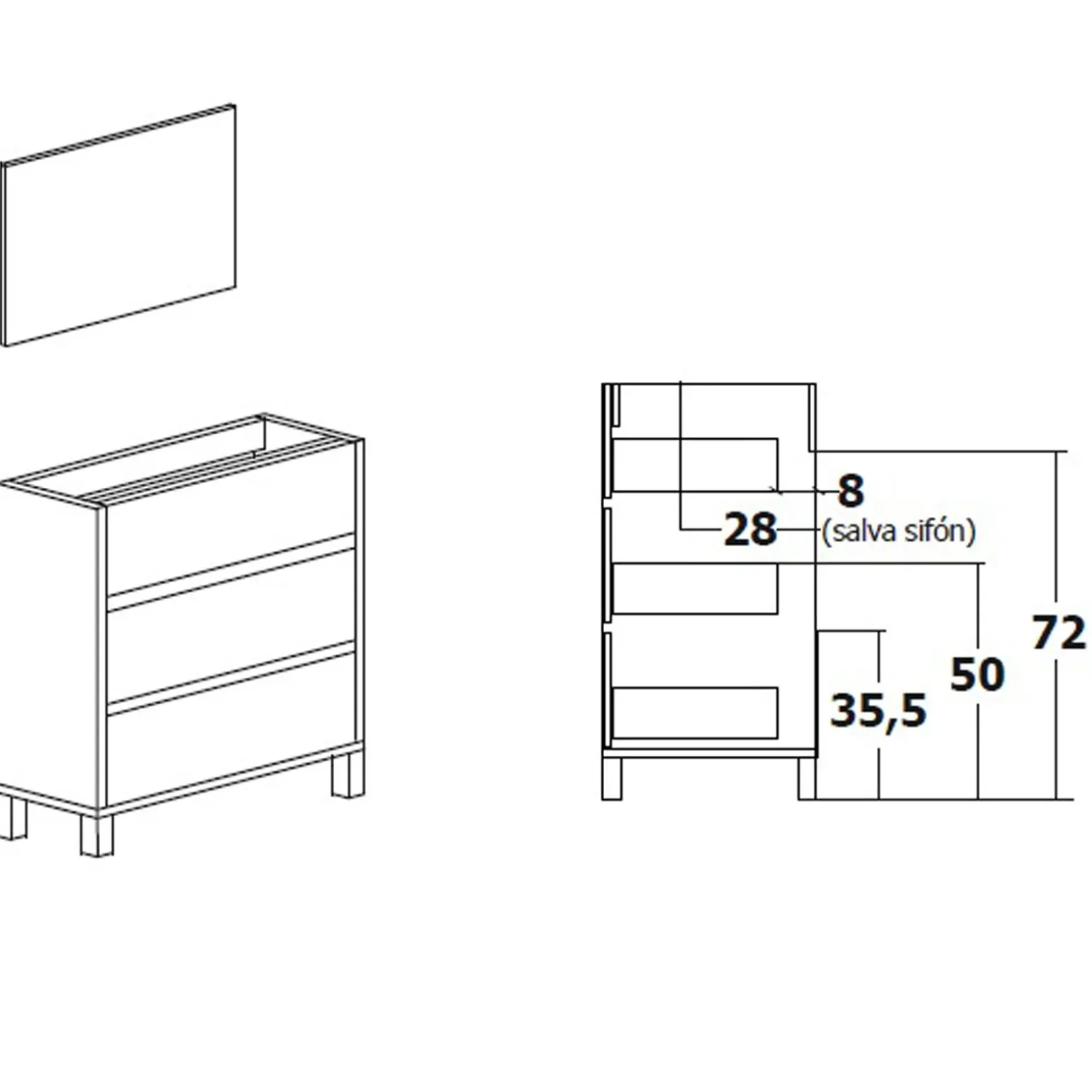 Mobile bagno a terra 82cm con lavabo e specchio 3 cassetti rovere Shutter