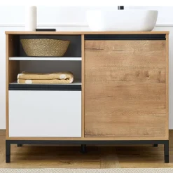 Mobile bagno a terra 100cm con lavabo 1 anta 1 cassetto rovere bianco Jasmund