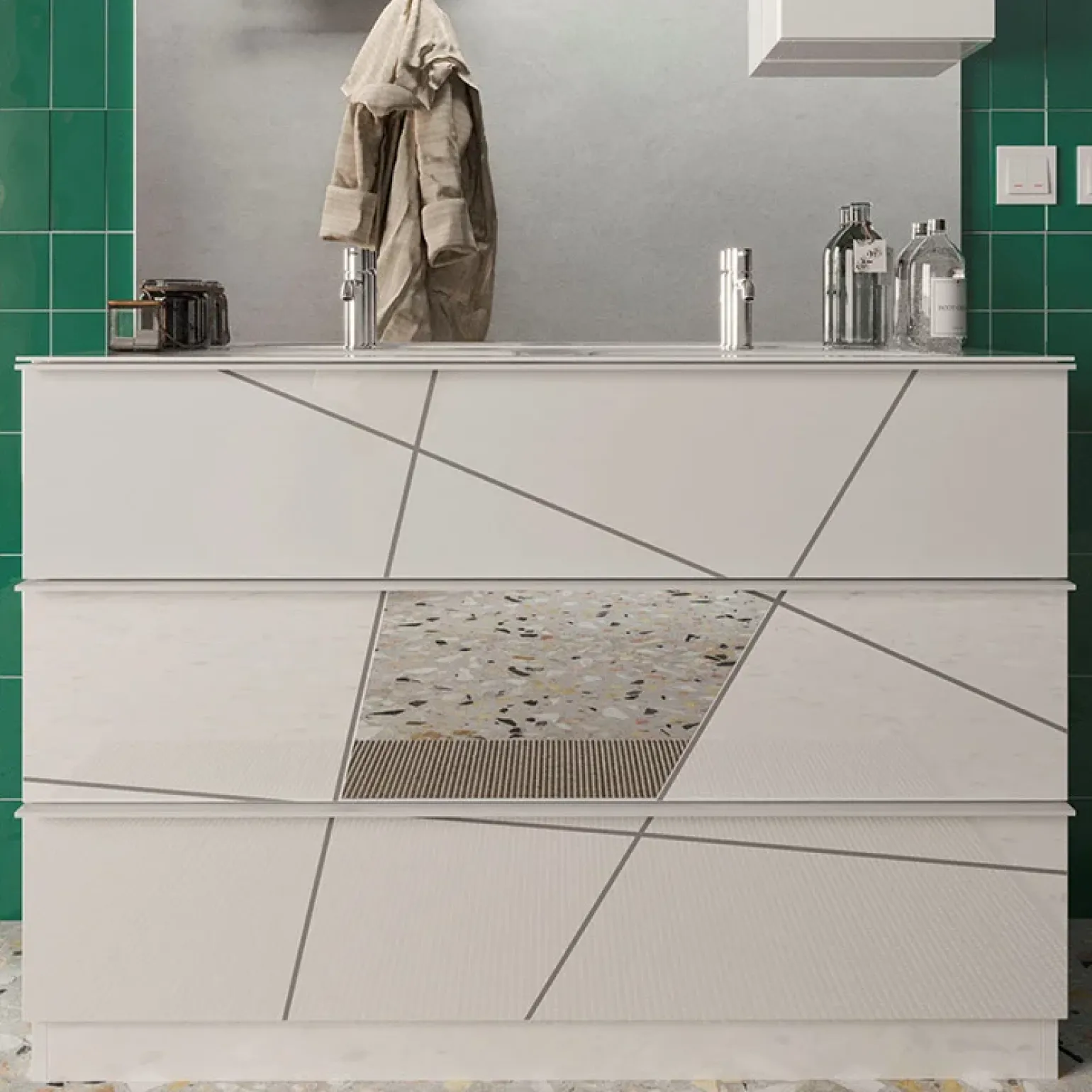 Mobile bagno a terra 120cm con doppio lavabo 3 cassetti bianco lucido specchi Olimpo