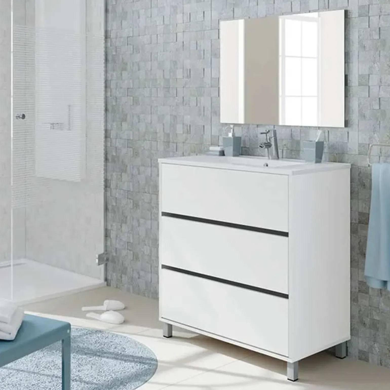 Mobile bagno a terra 82cm con lavabo e specchio 3 cassetti bianco opaco Shutter