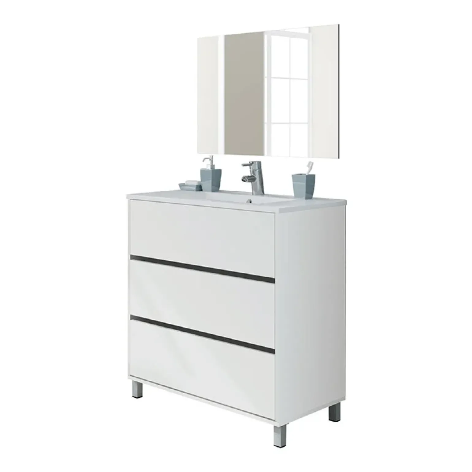 Mobile bagno a terra 82cm con lavabo e specchio 3 cassetti bianco opaco Shutter