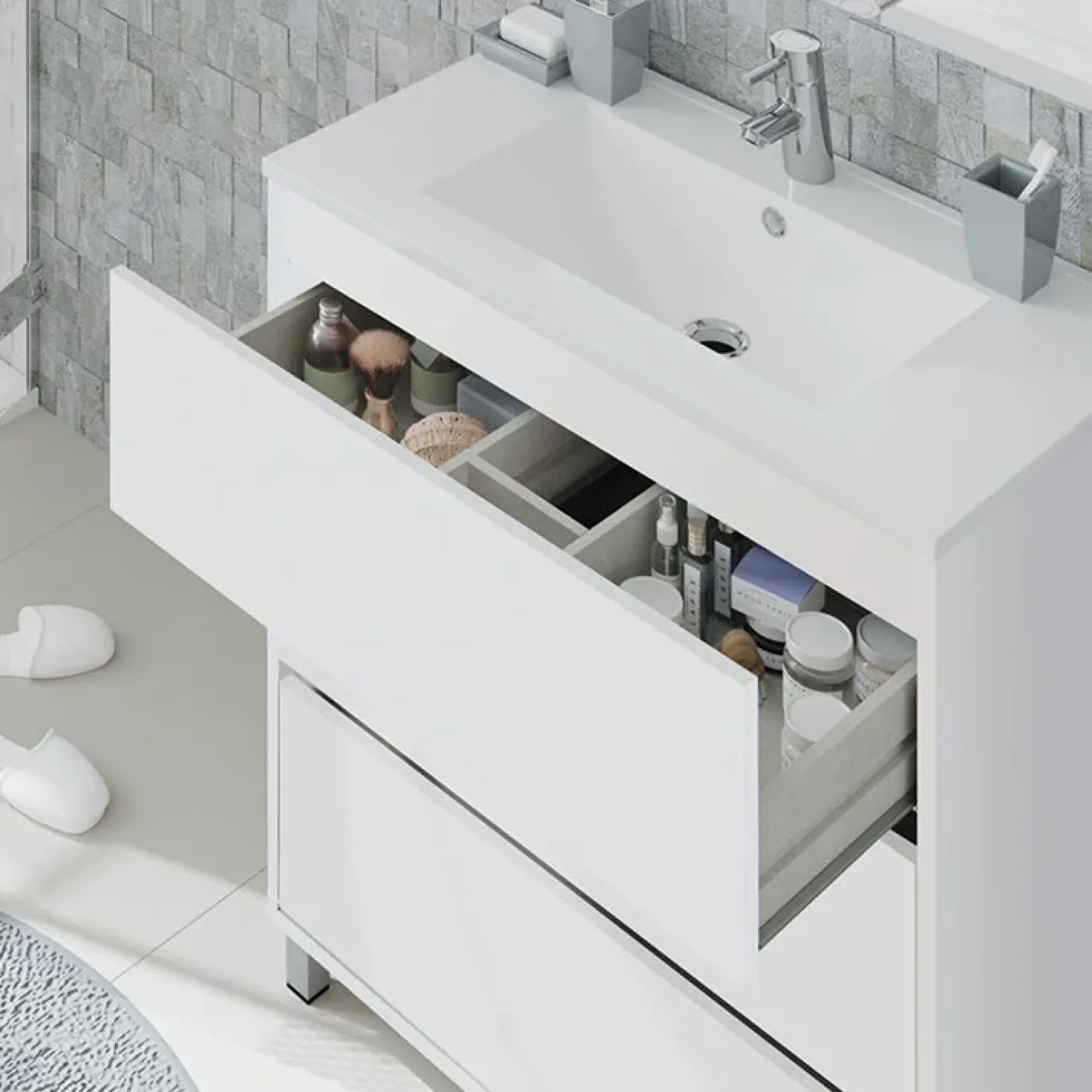 Mobile bagno a terra 82cm con lavabo e specchio 3 cassetti bianco opaco Shutter