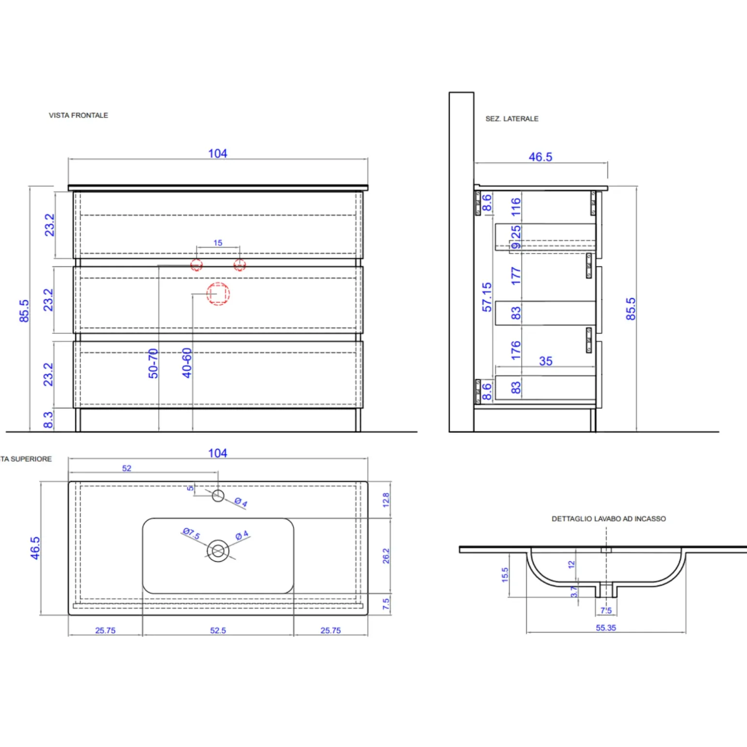 Mobile bagno a terra 100cm con lavabo 3 cassetti bianco lucido Moon