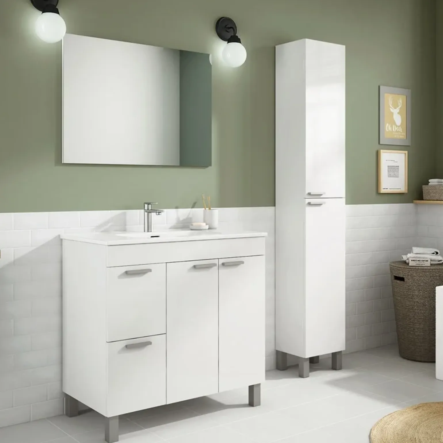 Mobile bagno a terra 80cm con lavabo e specchio bianco lucido David