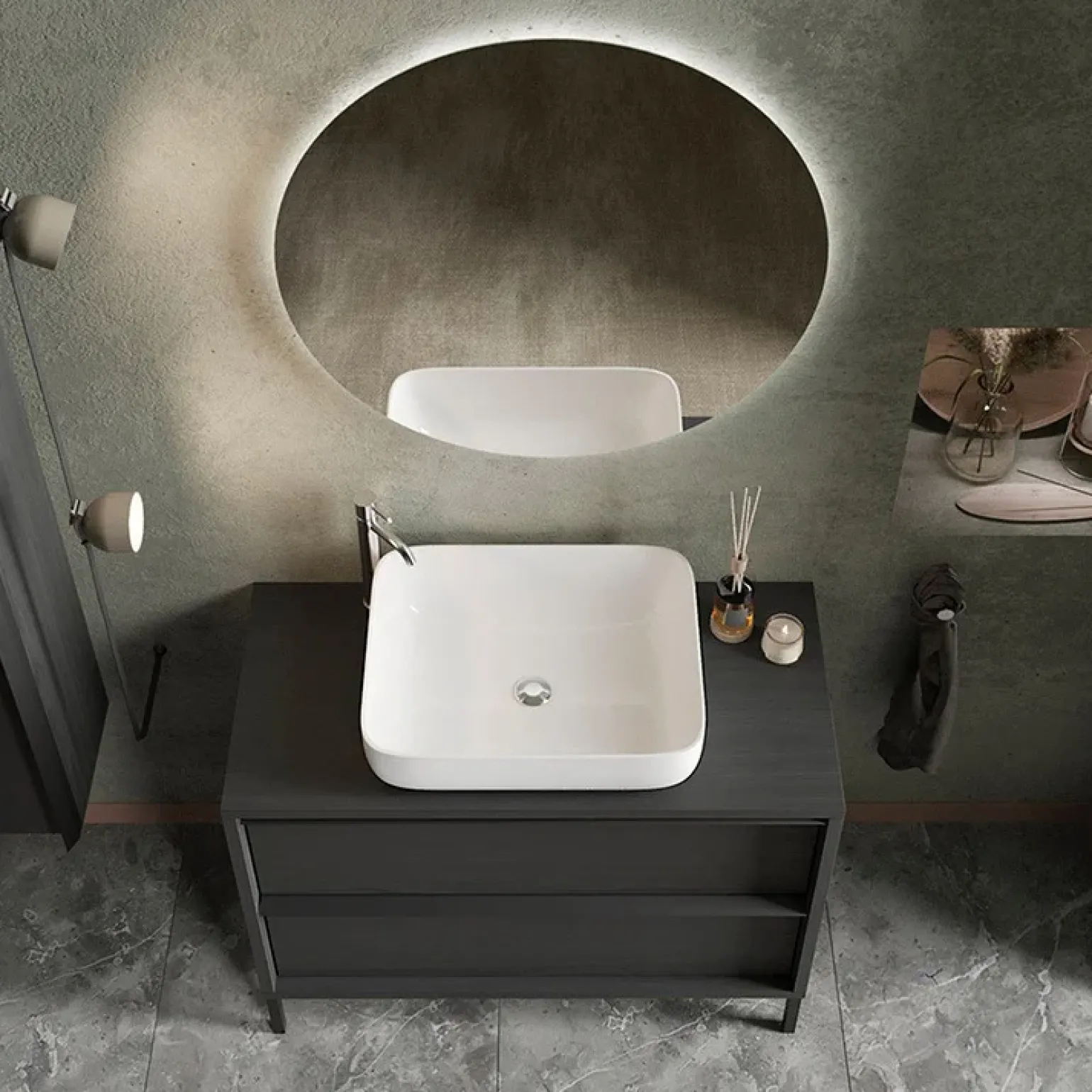 Mobile bagno a terra 92cm con lavabo e specchio nero frassinato Absolut