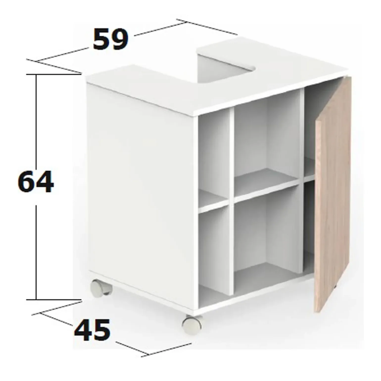Mobile bagno a terra 64cm con ruote 1 anta rovere bianco Irma