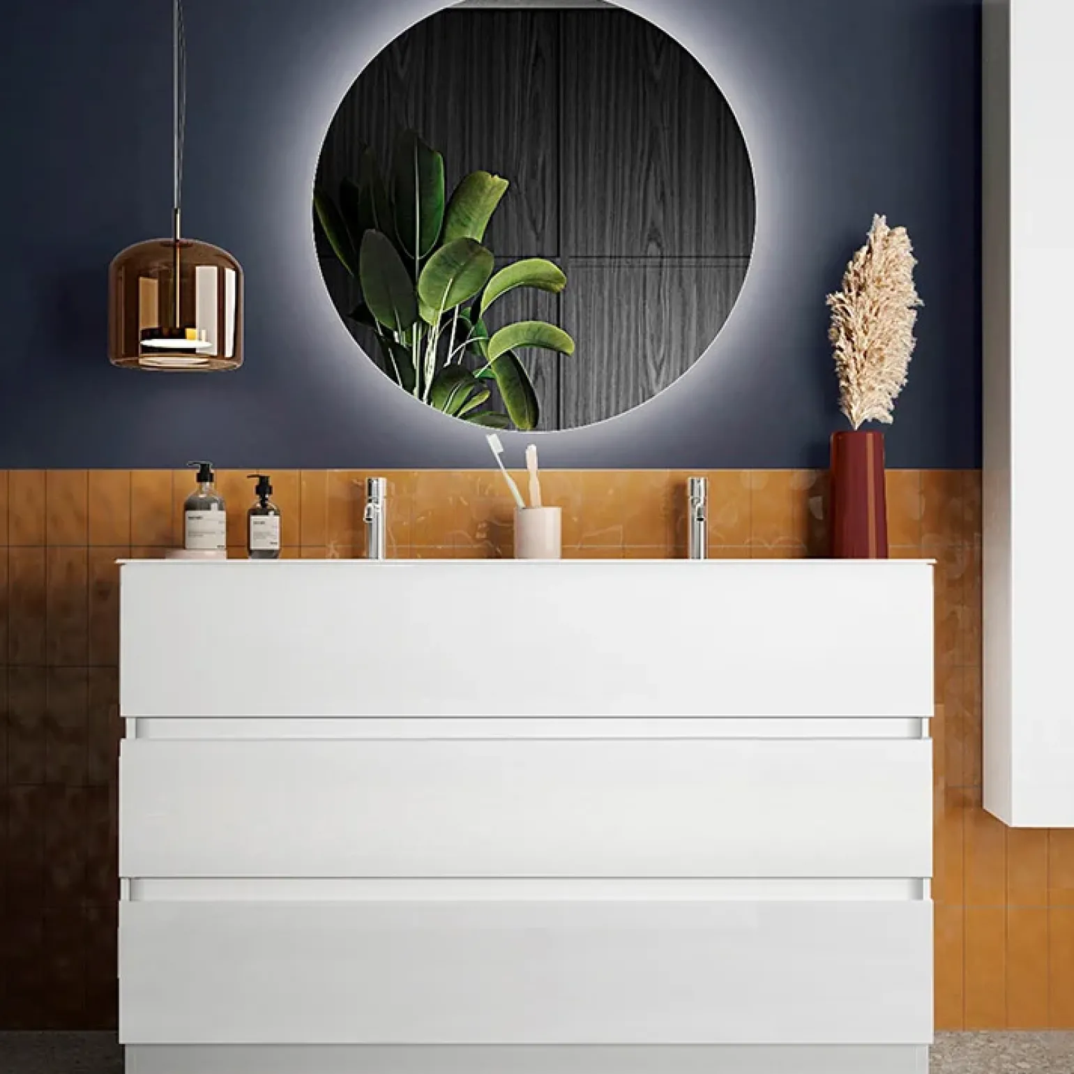 Mobile bagno a terra 120cm con doppio lavabo e specchio bianco lucido Moon