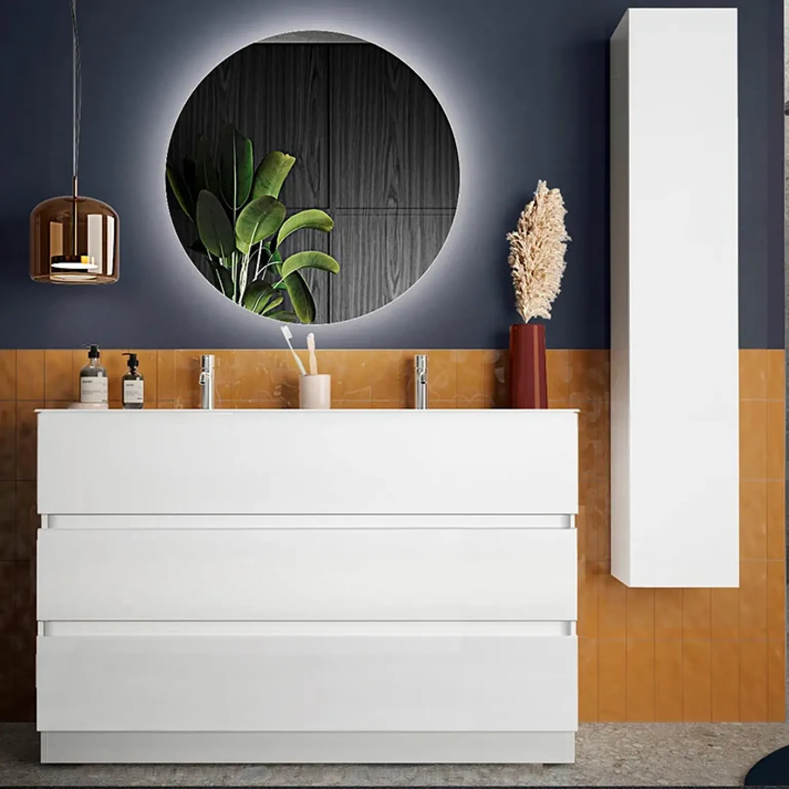 Mobile bagno a terra 120cm con doppio lavabo e specchio bianco lucido Moon