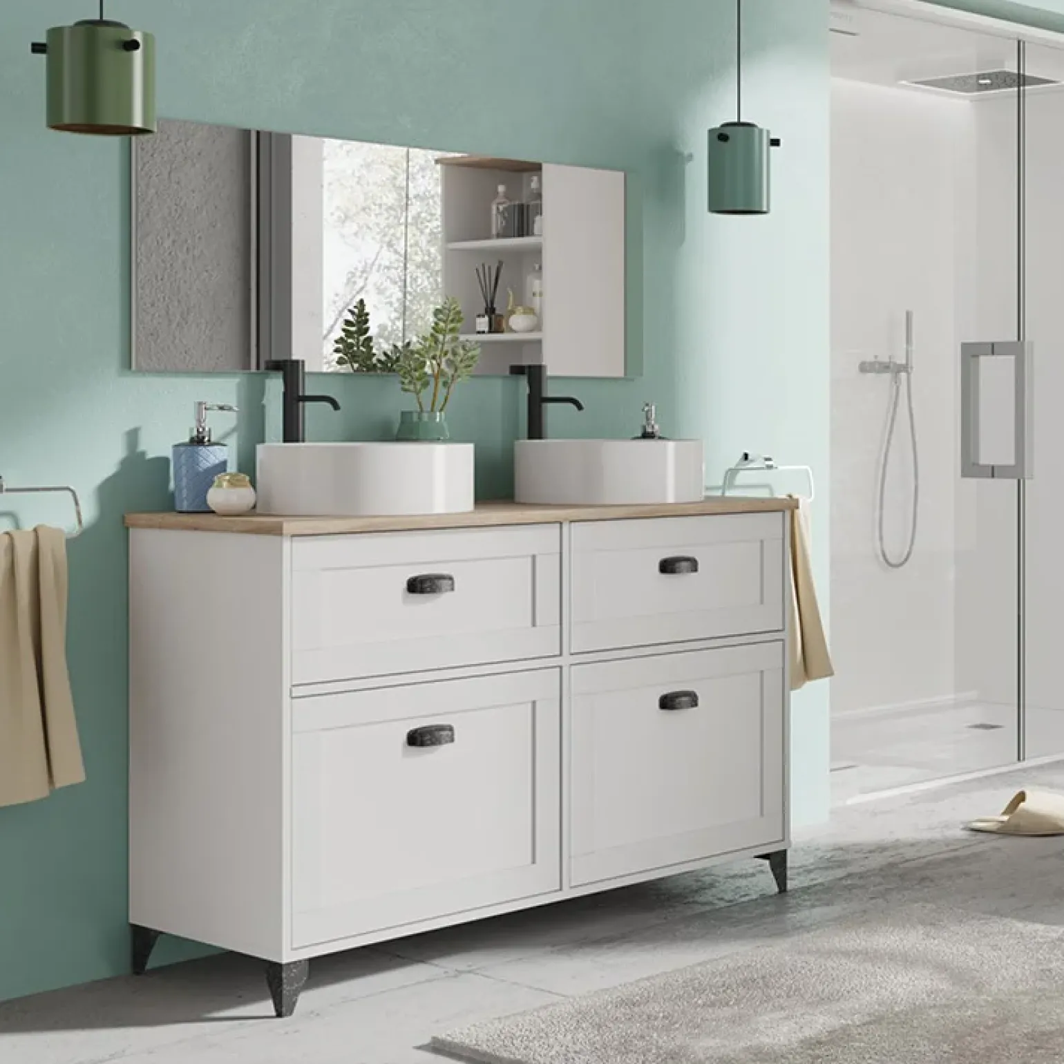 Mobile bagno a terra 120cm con doppio lavabo 2 ante 2 cassetti bianco rovere Ilias