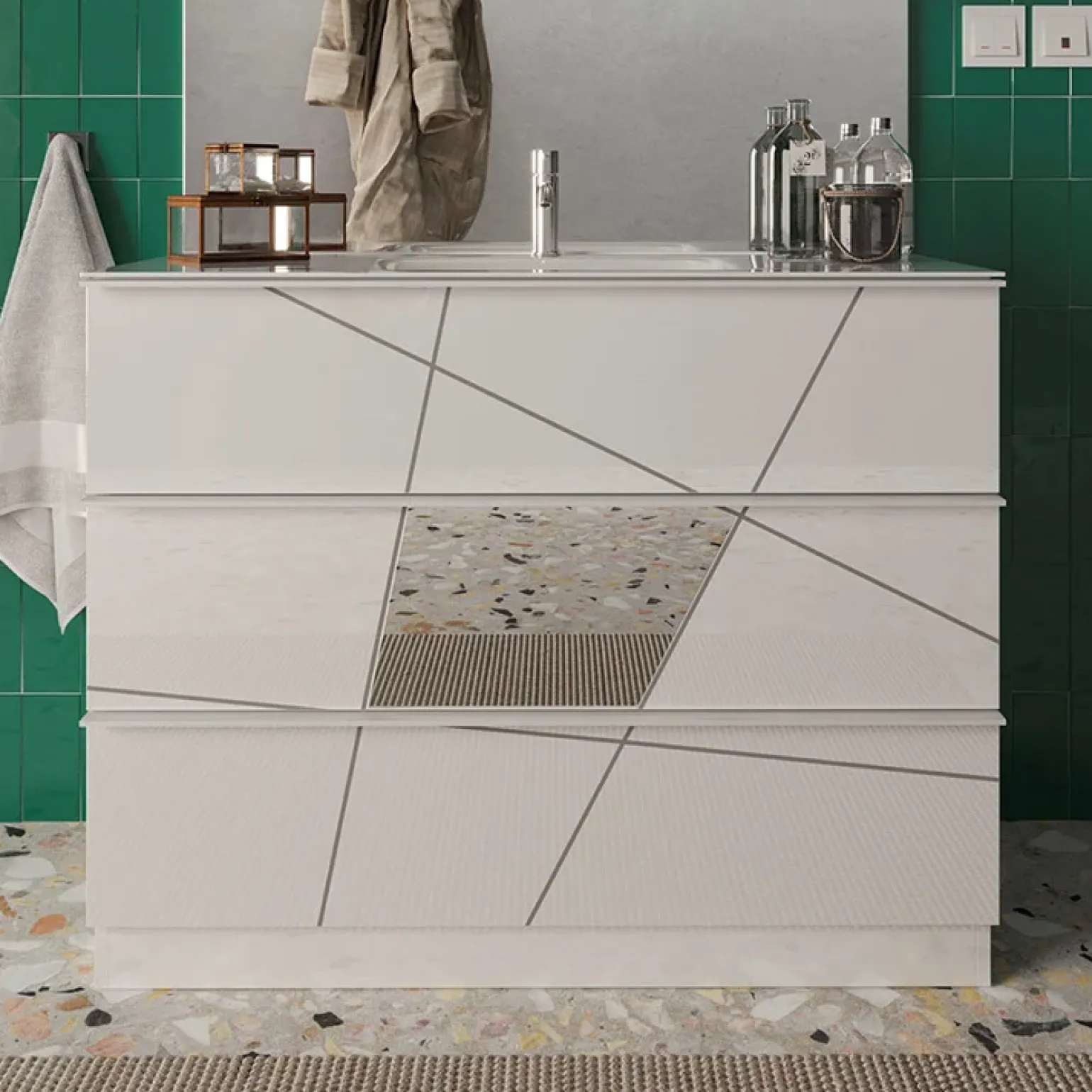 Mobile bagno a terra 80cm con lavabo 3 cassetti bianco lucido specchi Olimpo