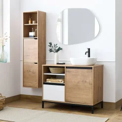 Mobile bagno a terra 100cm con lavabo e colonna 3 ante 1 cassetto rovere bianco Jasmund