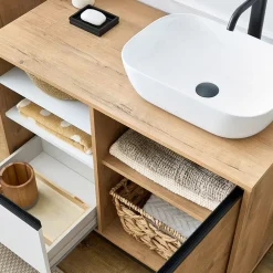 Mobile bagno a terra 100cm con lavabo e colonna 3 ante 1 cassetto rovere bianco Jasmund