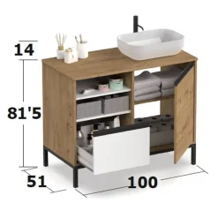 Mobile bagno a terra 100cm con lavabo e colonna 3 ante 1 cassetto rovere bianco Jasmund