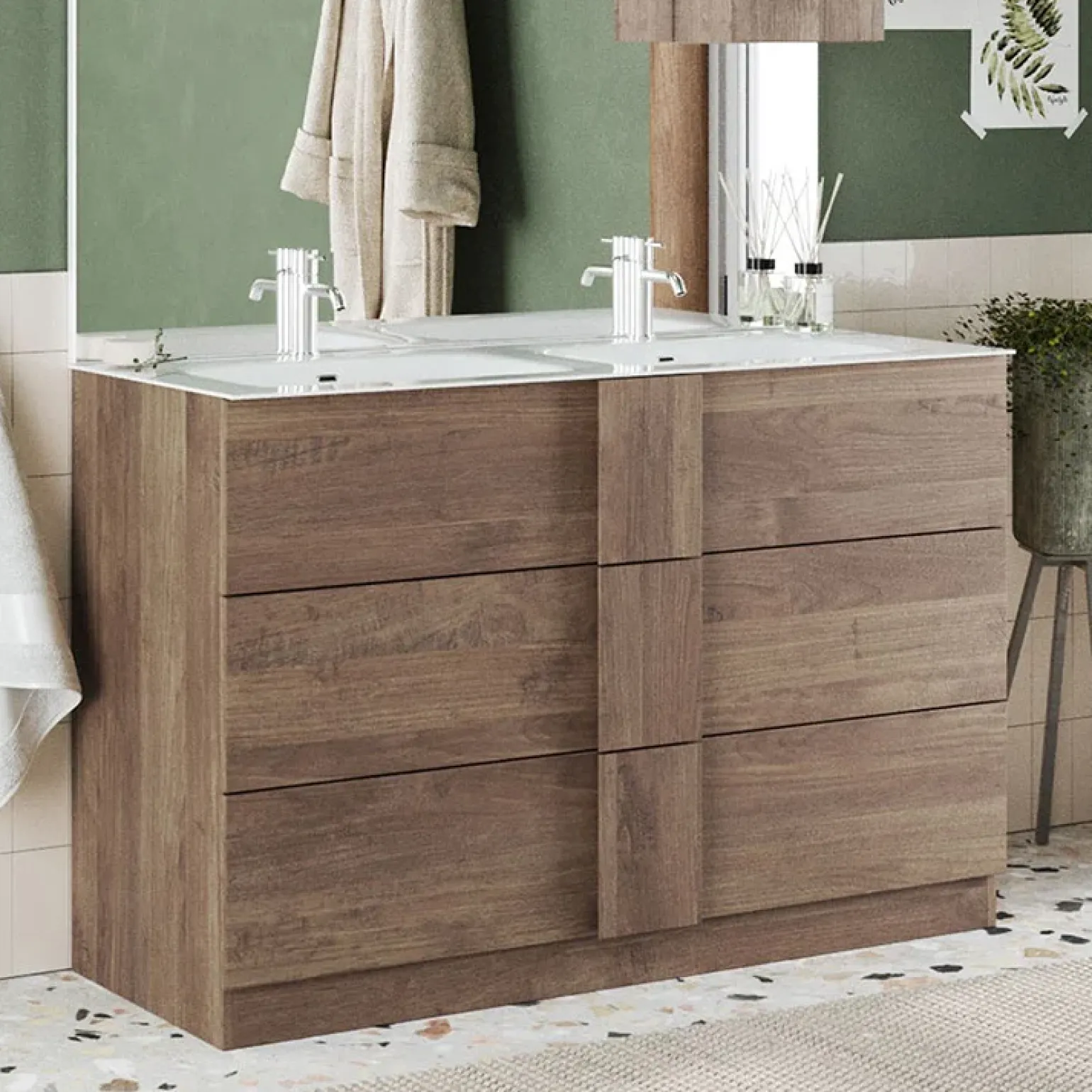 Mobile bagno a terra 120cm con doppio lavabo 3 cassetti rovere Alvarez