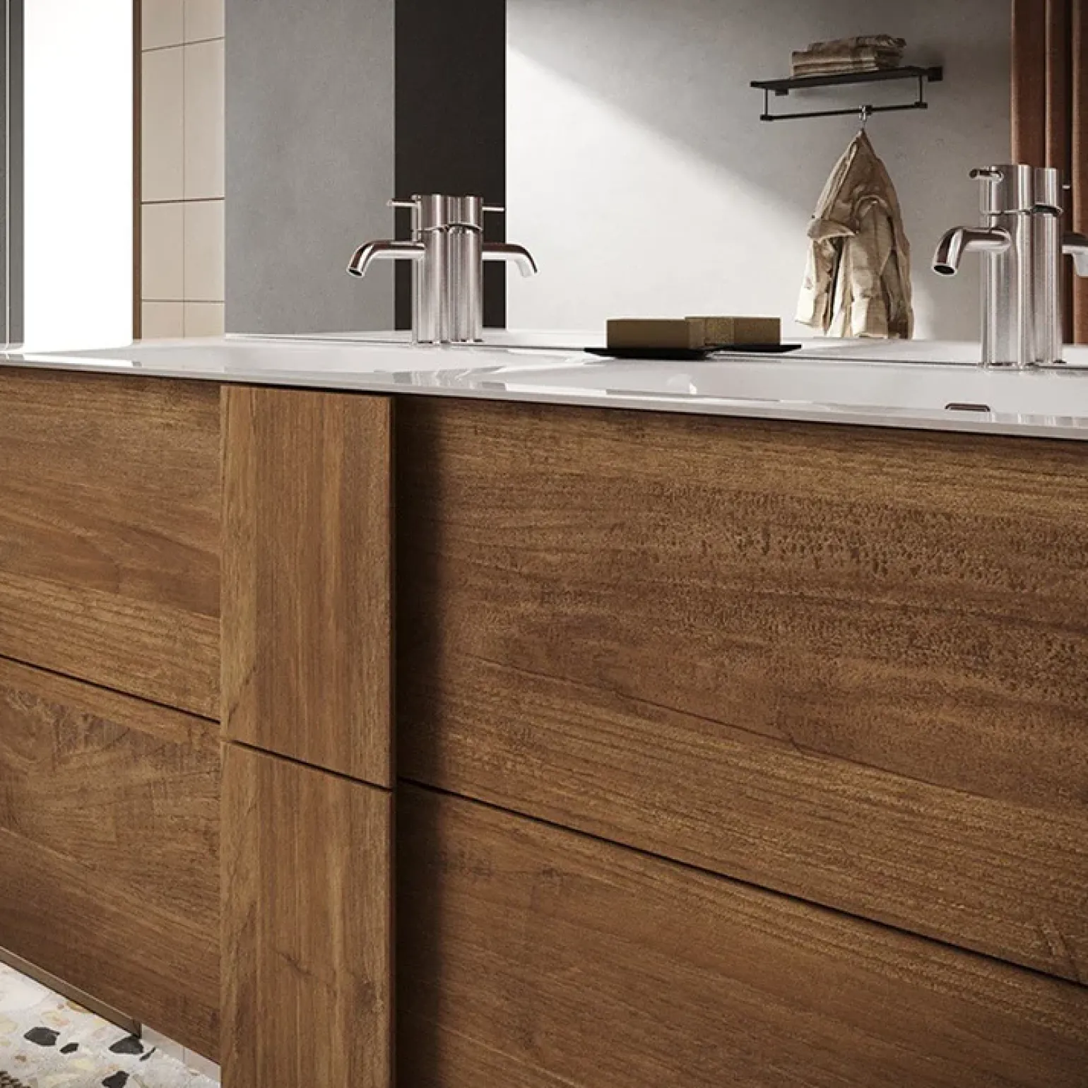 Mobile bagno a terra 120cm con doppio lavabo 3 cassetti rovere Alvarez