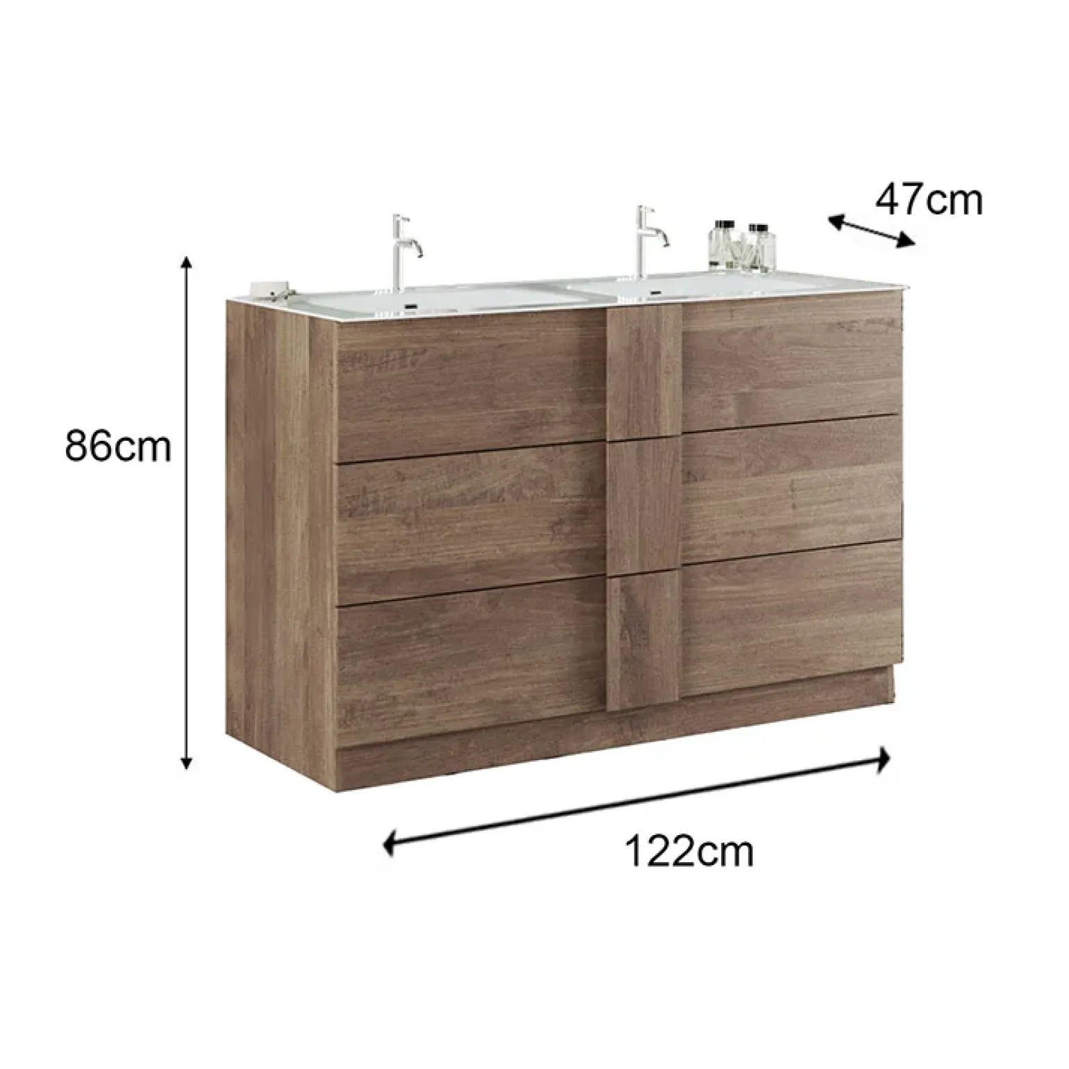 Mobile bagno a terra 120cm con doppio lavabo 3 cassetti rovere Alvarez