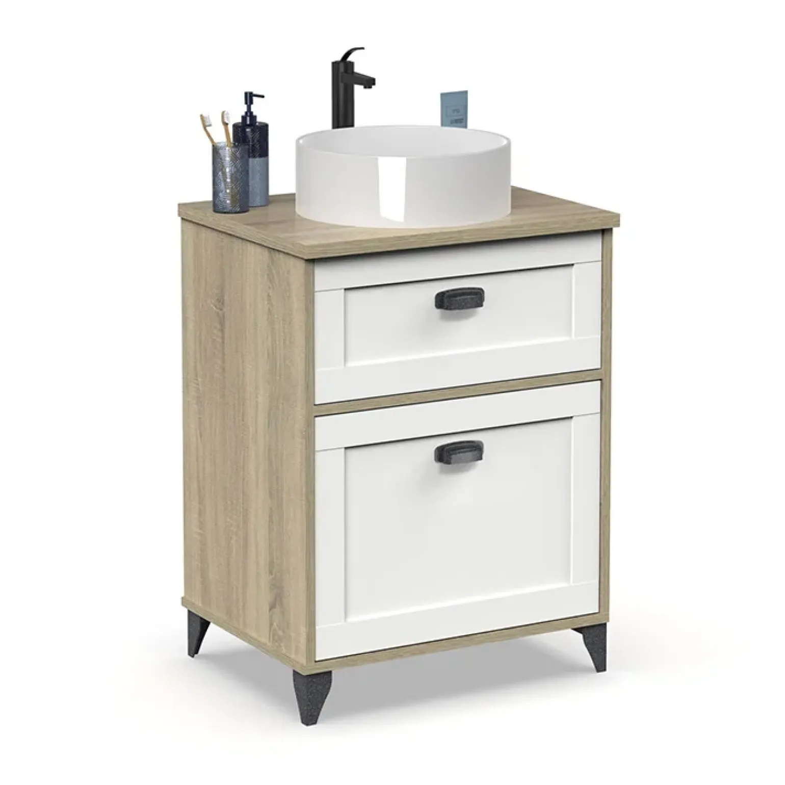 Mobile bagno a terra 61cm con lavabo 1 cassetto 1 anta rovere bianco Ilias