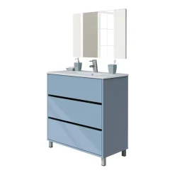 Mobile bagno a terra 82cm con lavabo e specchio 3 cassetti blu chiaro Shutter