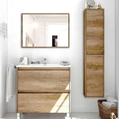 Mobile bagno a terra 80cm con lavabo e specchio rovere nordik Eveline