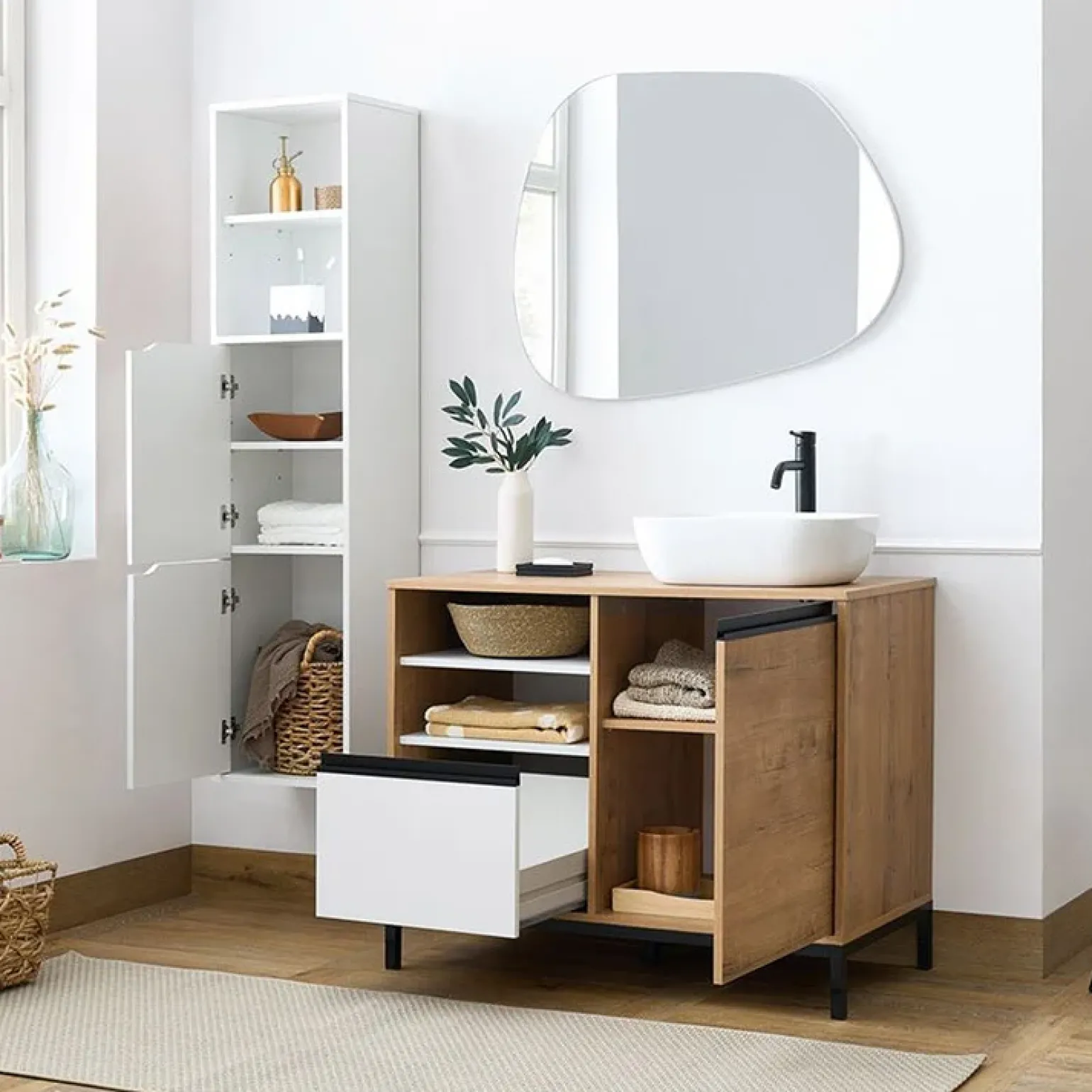 Mobile bagno a terra 100cm con lavabo e colonna 3 ante 1 cassetto bianco rovere Jasmund