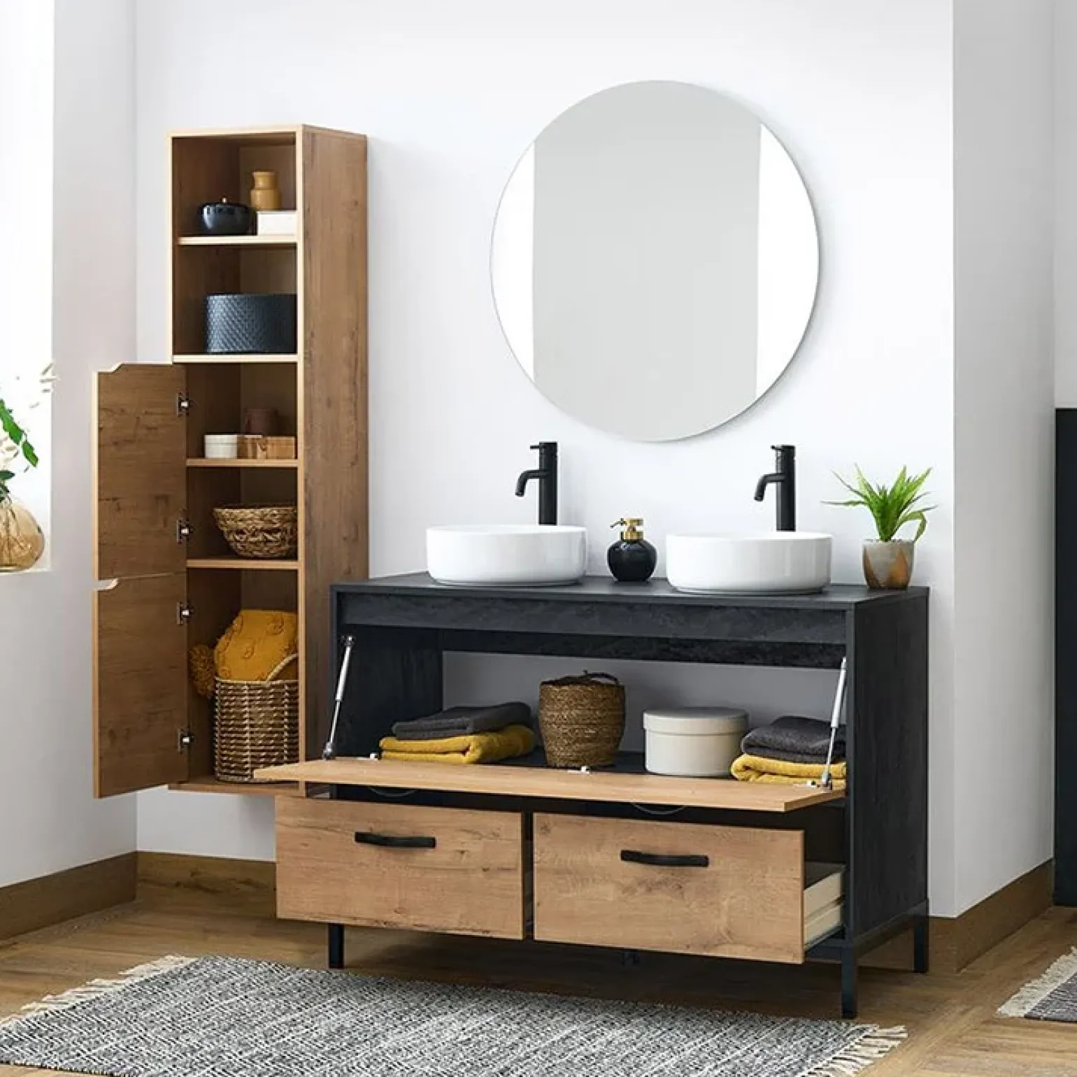 Mobile bagno a terra 120cm con doppio lavabo e colonna rovere antracite Crown
