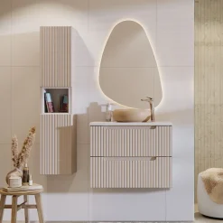 Mobile bagno sospeso cannettato 80cm con lavabo e colonna beige bianco Cleany