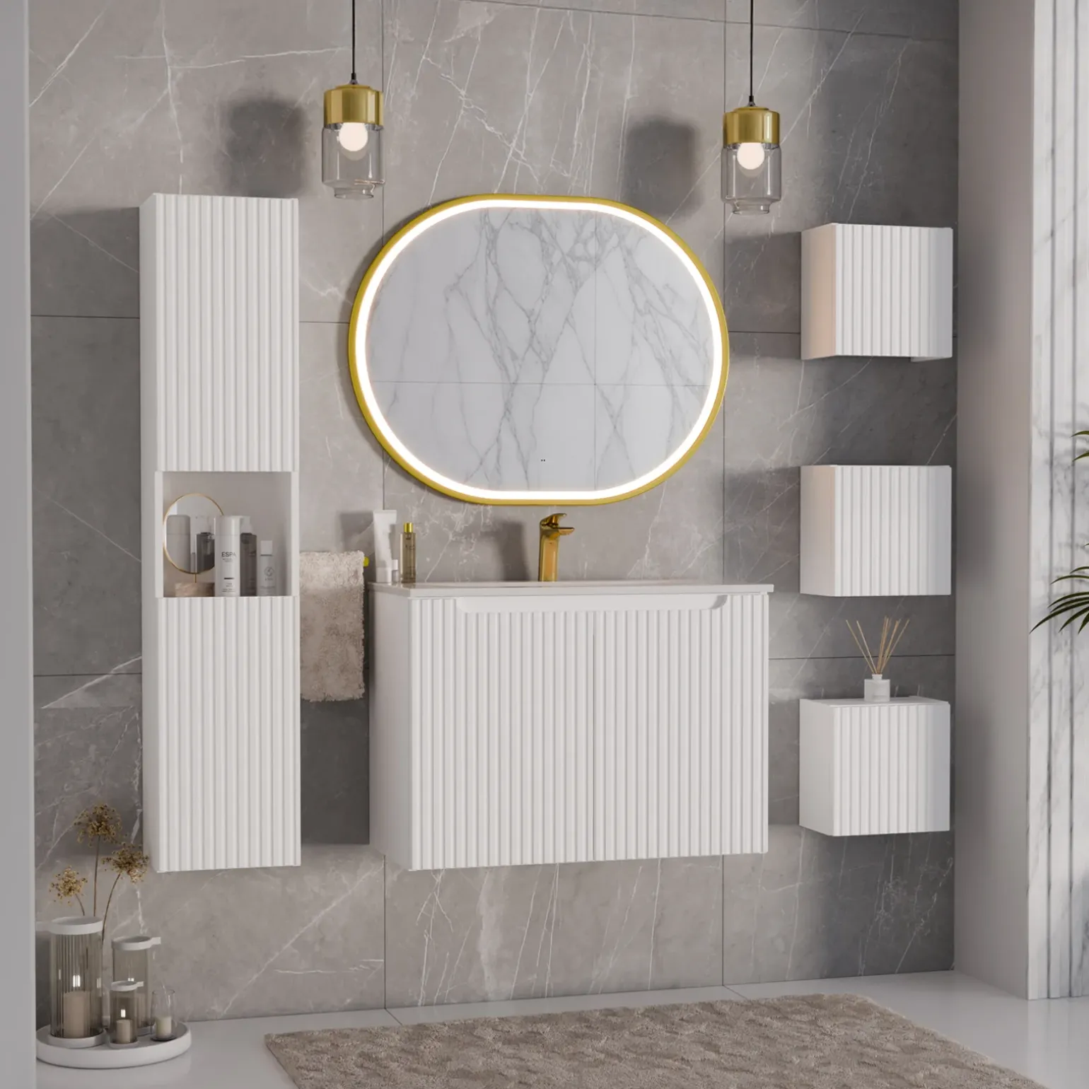 Mobile bagno sospeso cannettato 80cm con lavabo, colonna e 3 pensili bianco rovere Cleany