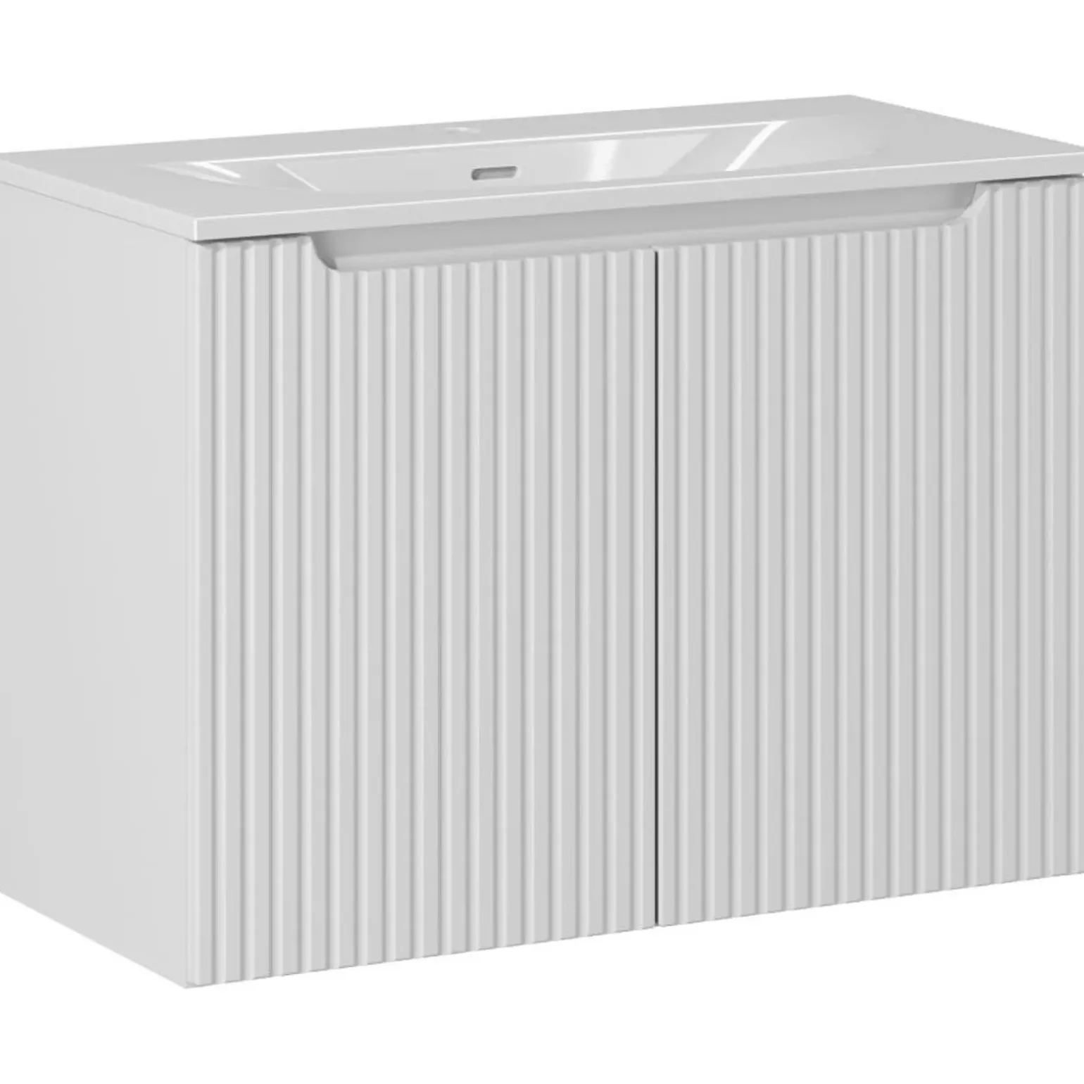 Mobile bagno sospeso cannettato 80cm con lavabo, colonna e 3 pensili bianco rovere Cleany