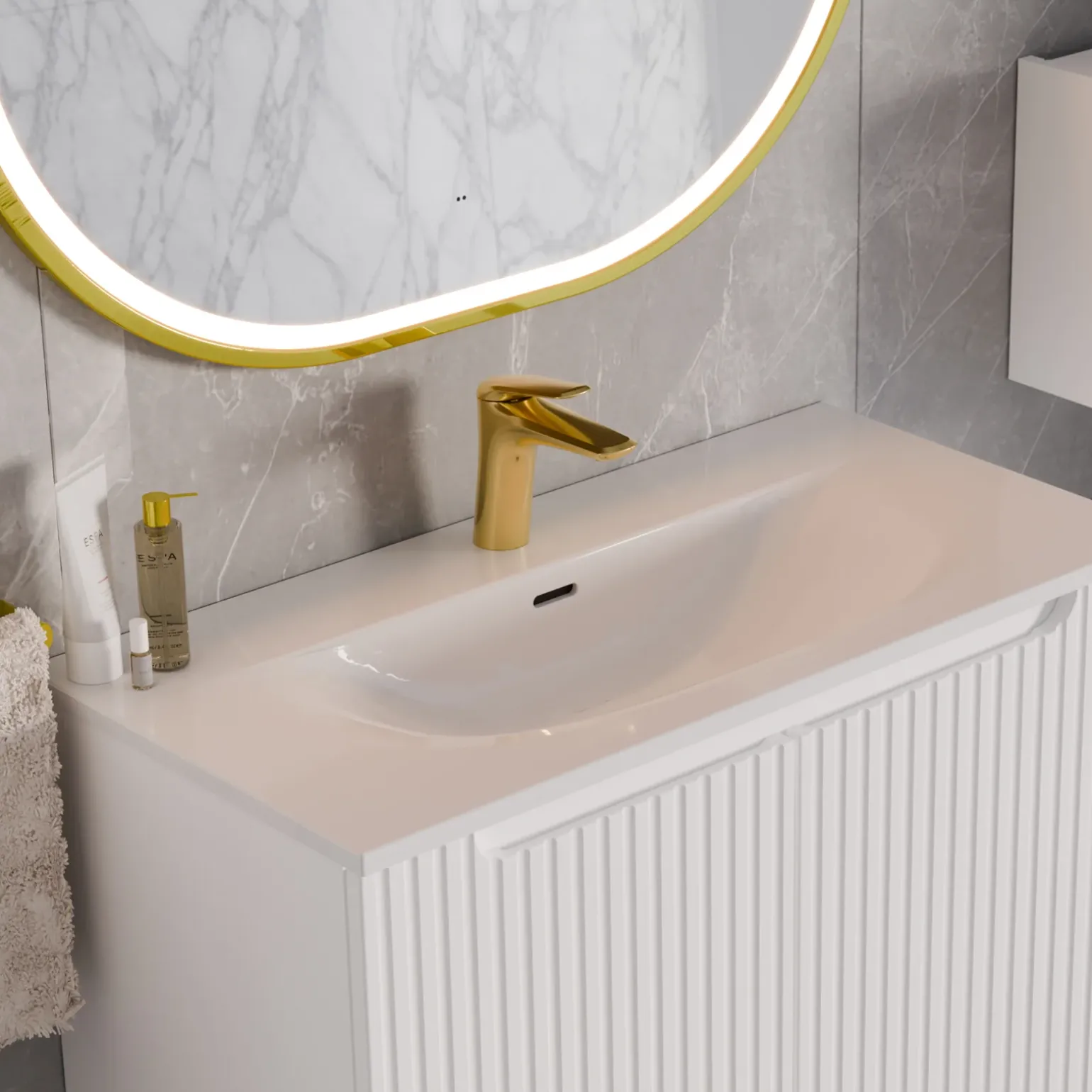 Mobile bagno sospeso cannettato 80cm con lavabo, colonna e 3 pensili bianco rovere Cleany