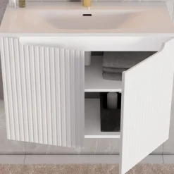 Mobile bagno sospeso cannettato 80cm con lavabo, colonna e 3 pensili bianco rovere Cleany