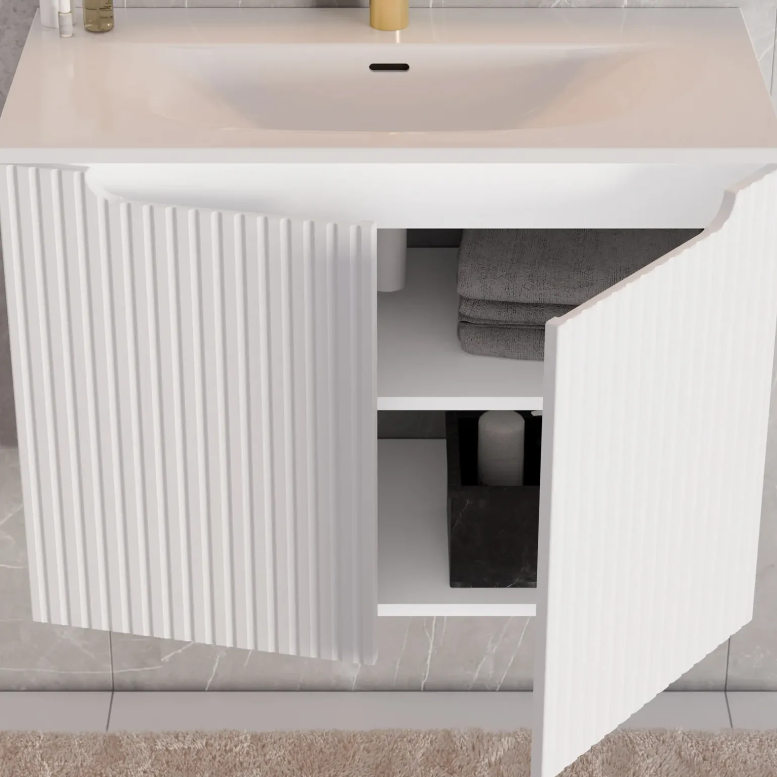 Mobile bagno sospeso cannettato 80cm con lavabo, colonna e 3 pensili bianco rovere Cleany